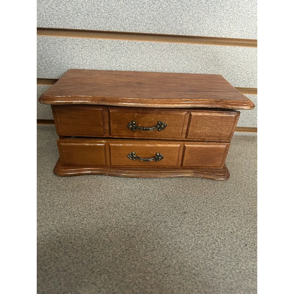 Vintage Wooden Jewelry Box Chest Mirror Ring Rolls 2 Drawers Brown Wood Storage